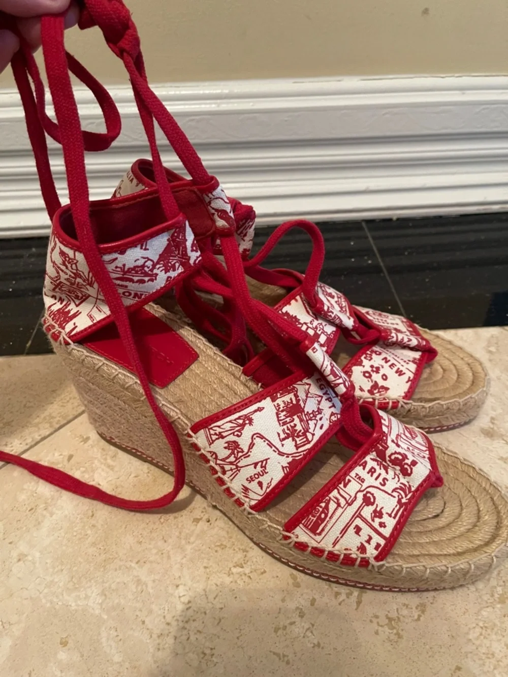 NWOT TORY BURCH red Destination Wedge Espadrilles with ankle/calf laces in sz 10